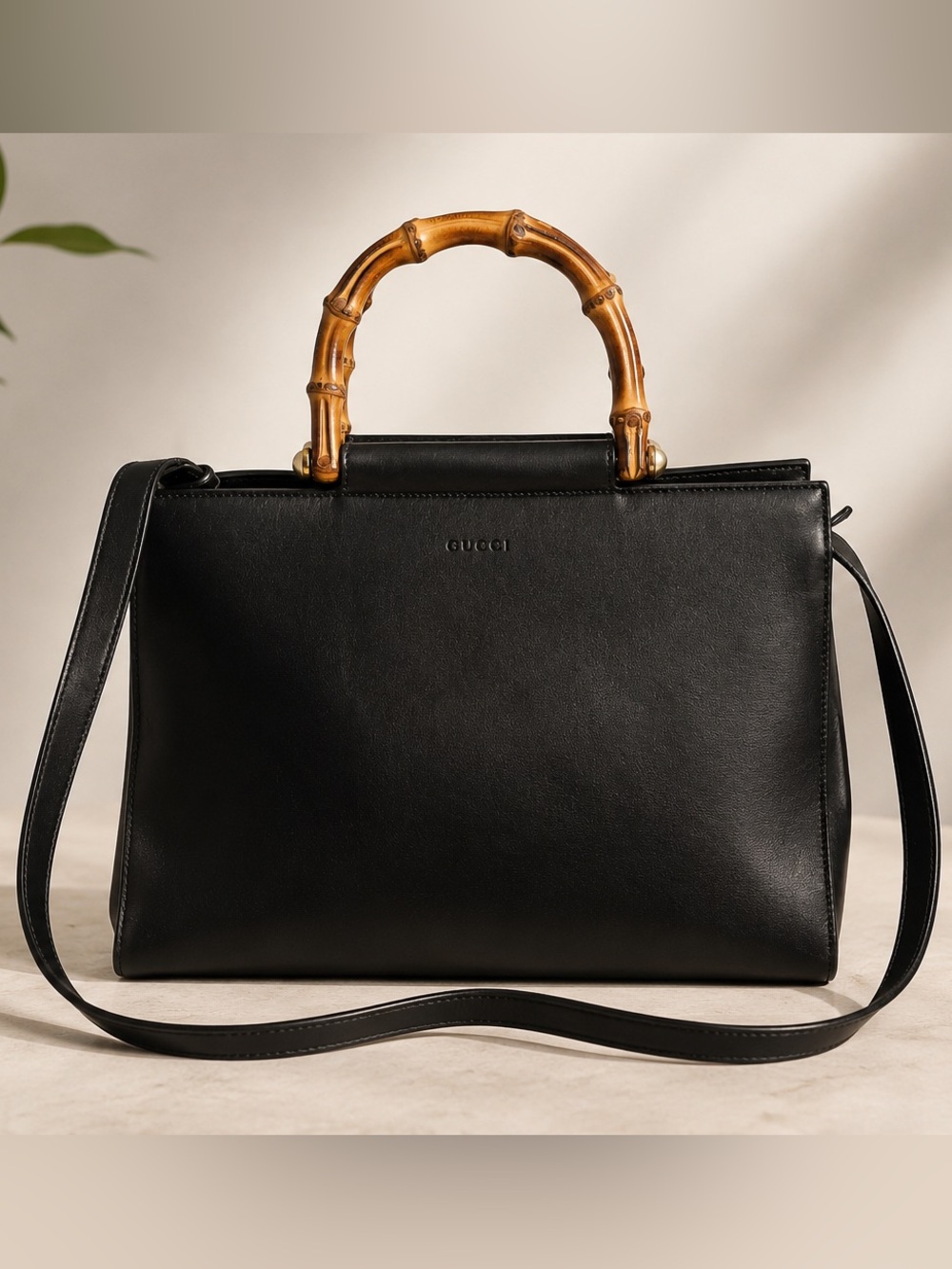 Gucci Nymphaea Bamboo Handles Black Leather Medium Tote Bag Shoulder Bag Italy